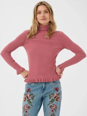 CREAM Ruffled trim ribbed turtleneck sweater